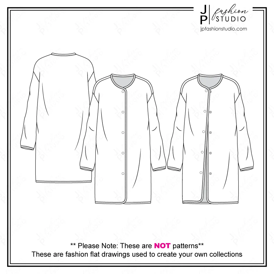 Women's Long Overcoat Fashion Flat Sketch / Fashion Technical Drawing Template / Fashion Line Art Design for Adobe Illustrator.