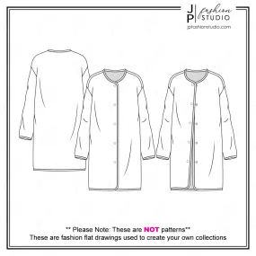 Women's Long Overcoat Fashion Flat Sketch / Fashion Technical Drawing Template / Fashion Line Art Design for Adobe Illustrator.