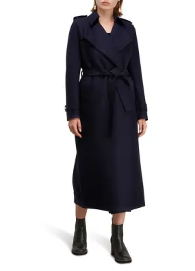 Womens Long Trench Coat Pressed Wool- Dark Navy