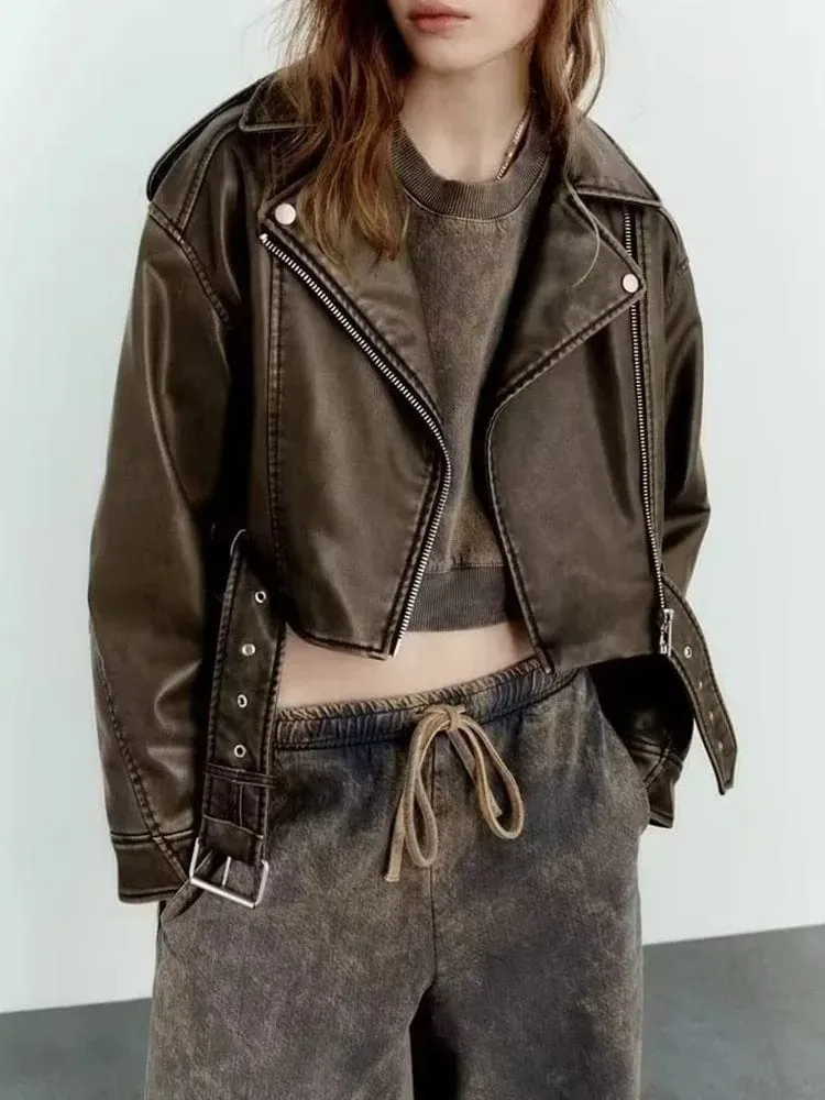 Women's Vintage Leather Short Jacket with Zipper and Belt Streetwear Biker Coat