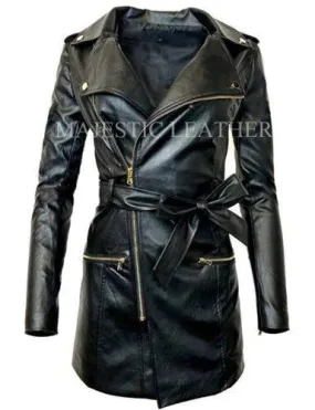 Women's Zip-up Long Jacket Belt Real Leather Trench Coats