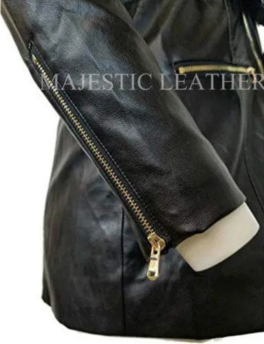 Women's Zip-up Long Jacket Belt Real Leather Trench Coats