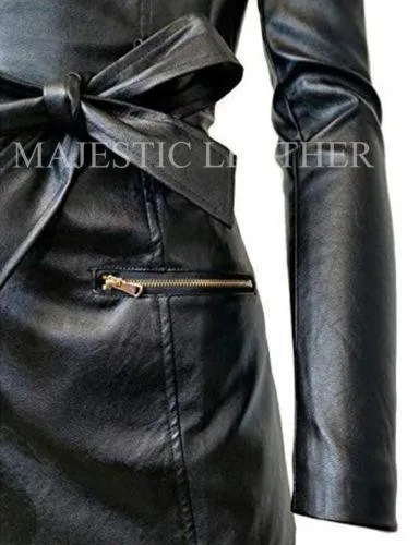 Women's Zip-up Long Jacket Belt Real Leather Trench Coats