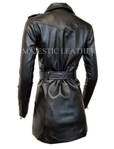 Women's Zip-up Long Jacket Belt Real Leather Trench Coats