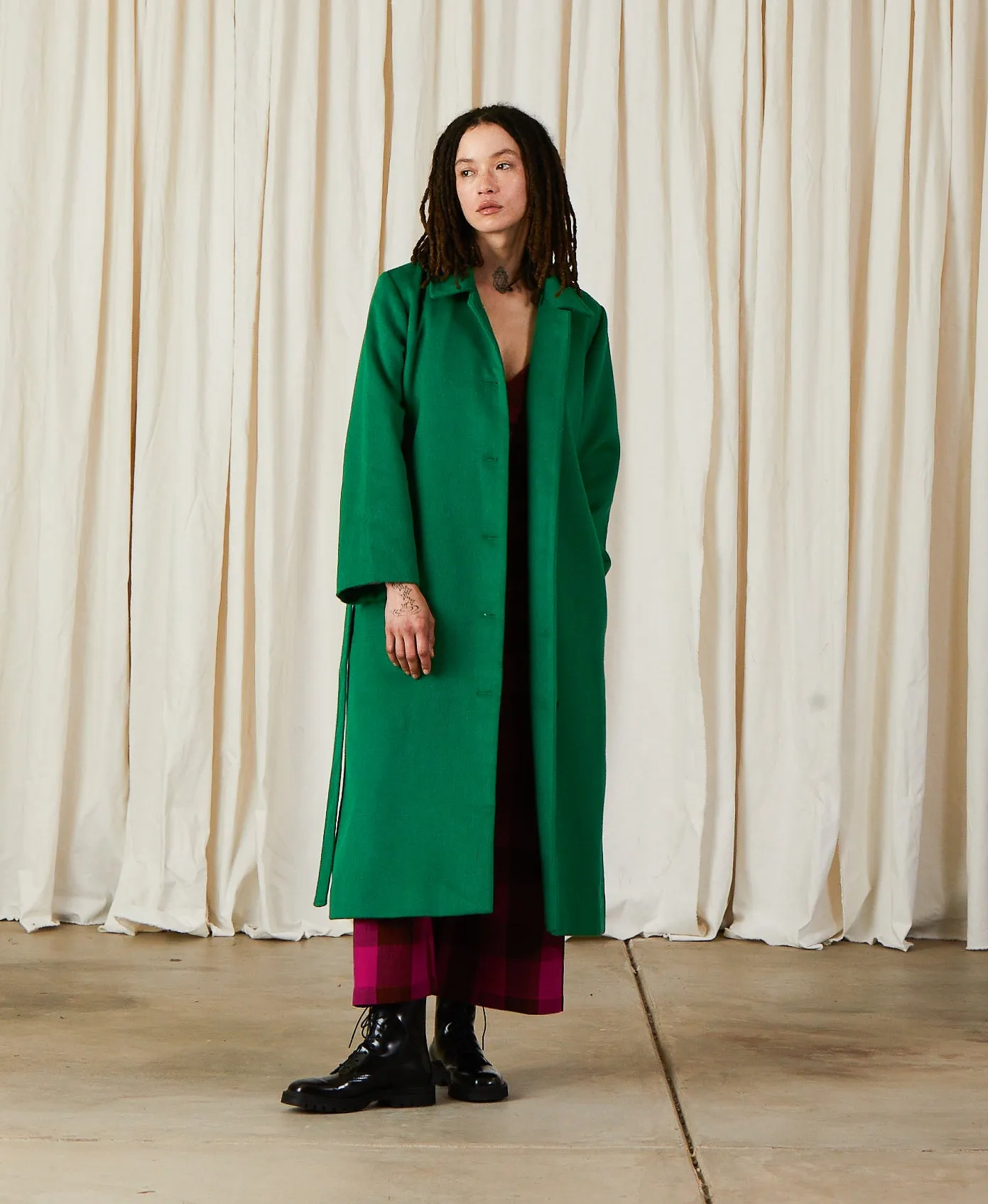 WOOL TRENCH COAT - KELLY GREEN