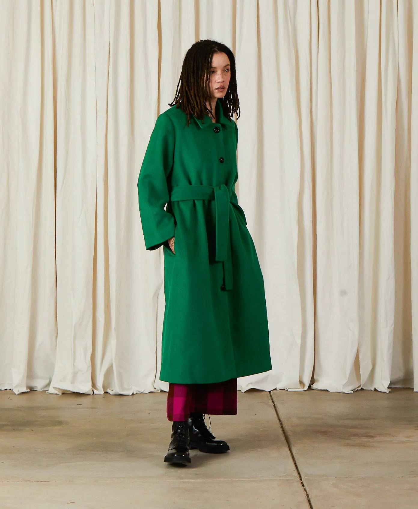 WOOL TRENCH COAT - KELLY GREEN