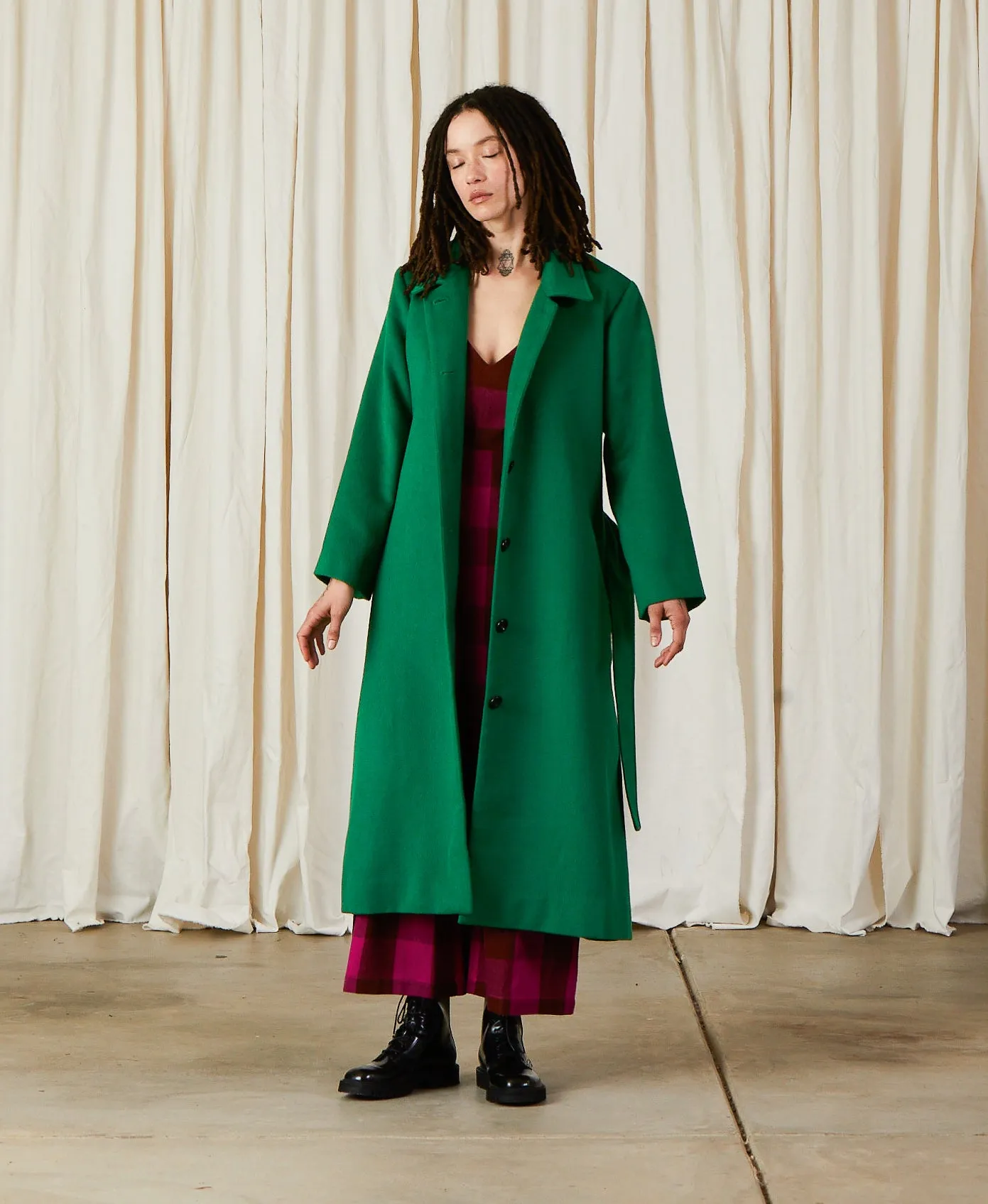 WOOL TRENCH COAT - KELLY GREEN