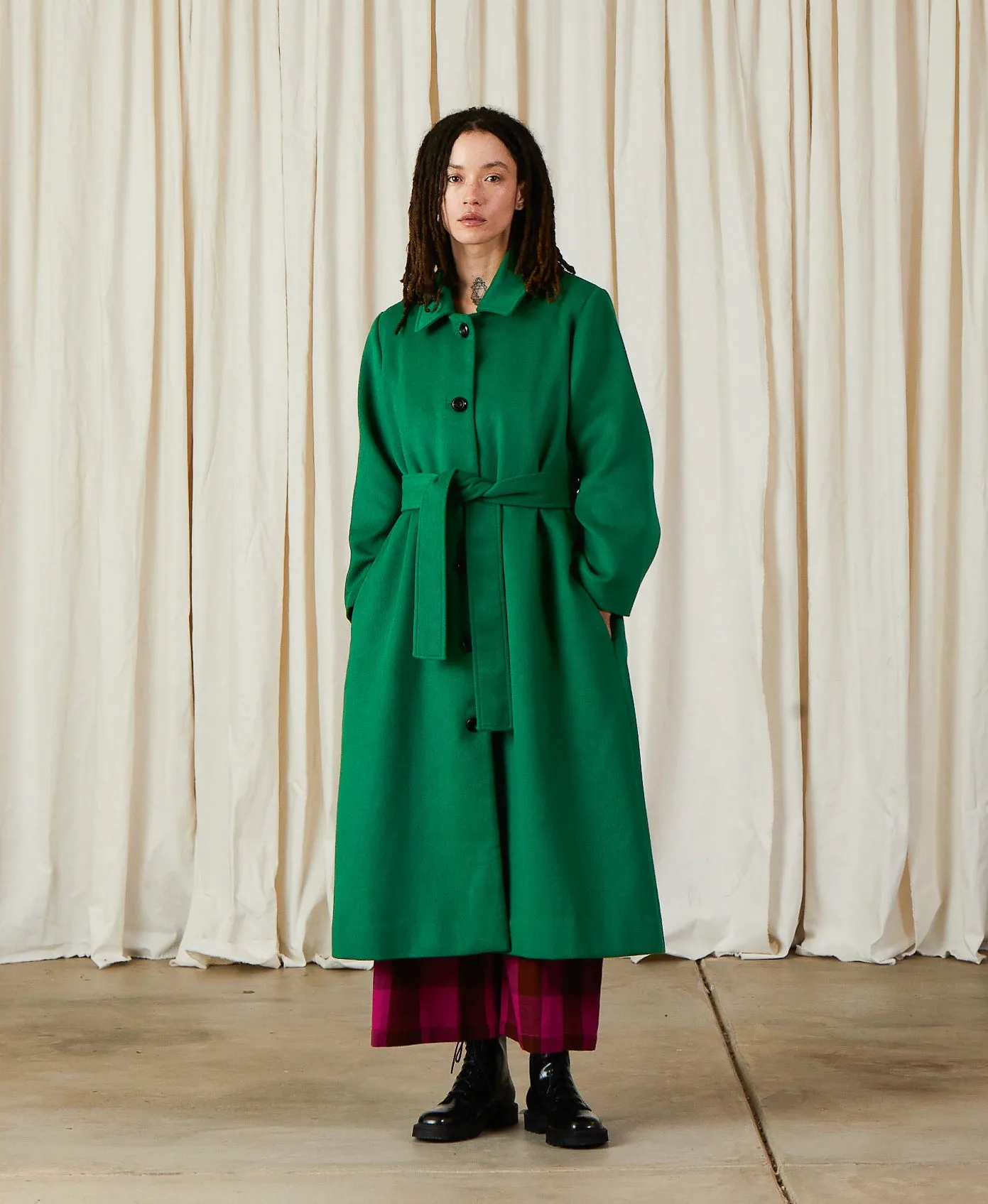 WOOL TRENCH COAT - KELLY GREEN