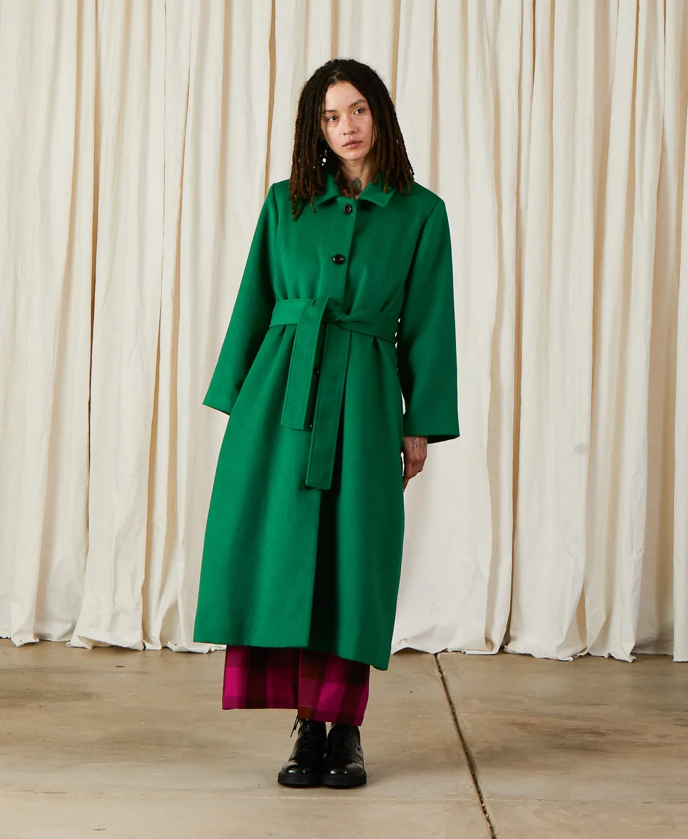 WOOL TRENCH COAT - KELLY GREEN